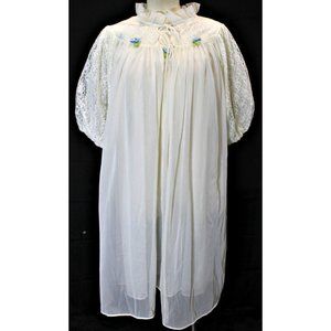 Vtg 60s Sexy Lingerie White Sheer 2 Pc Set Lace Bishop Sleeve Blue Flower Sm Med